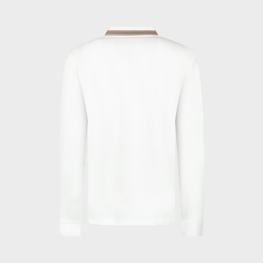 Hartford Stripe Checked Long Sleeve Polo White