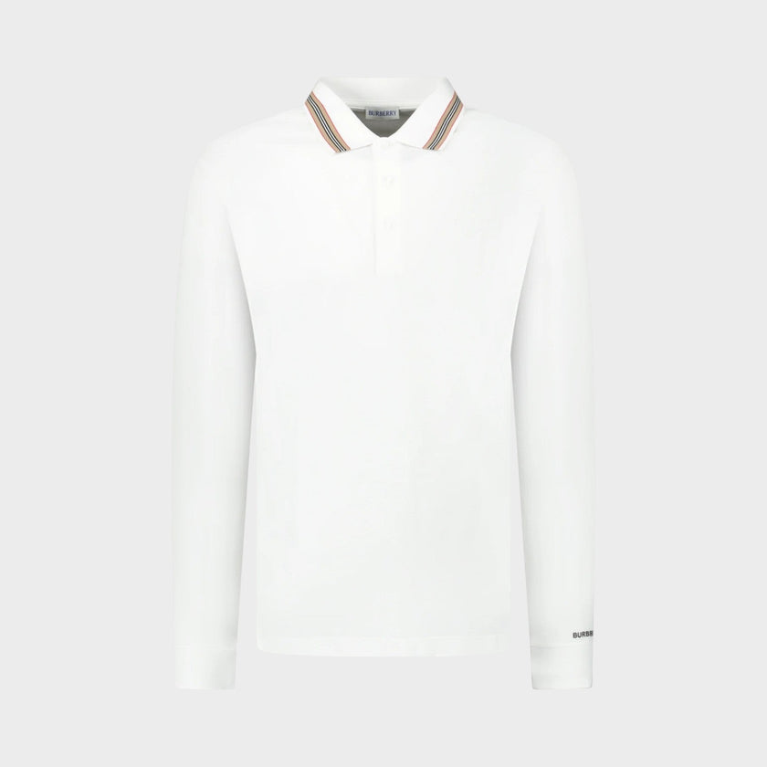 Hartford Stripe Checked Long Sleeve Polo White