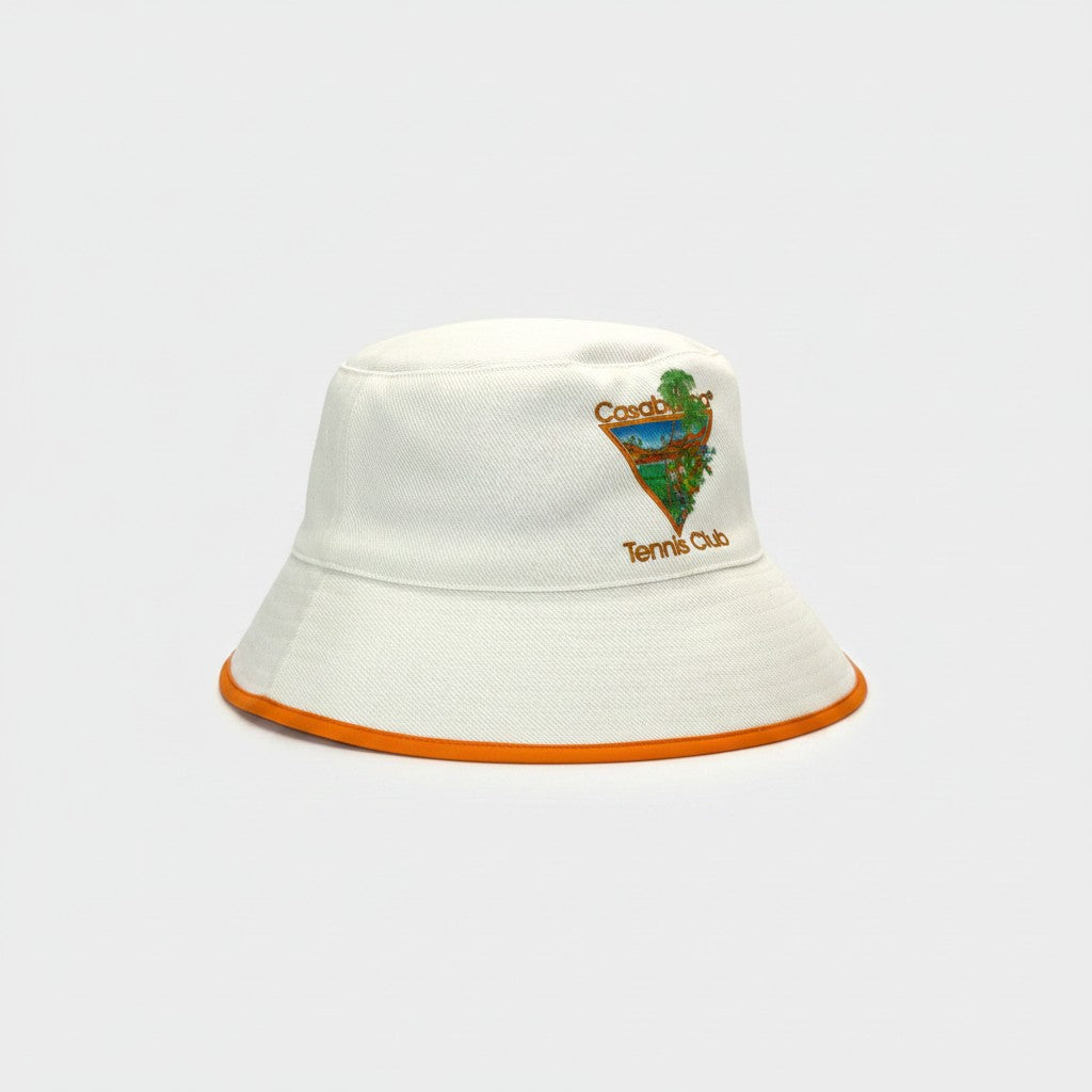 Printed Tennis Club Icon Bucket Hat White Orange