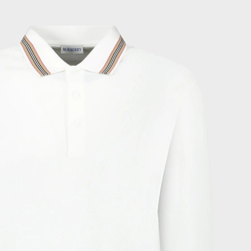 Hartford Stripe Checked Long Sleeve Polo White