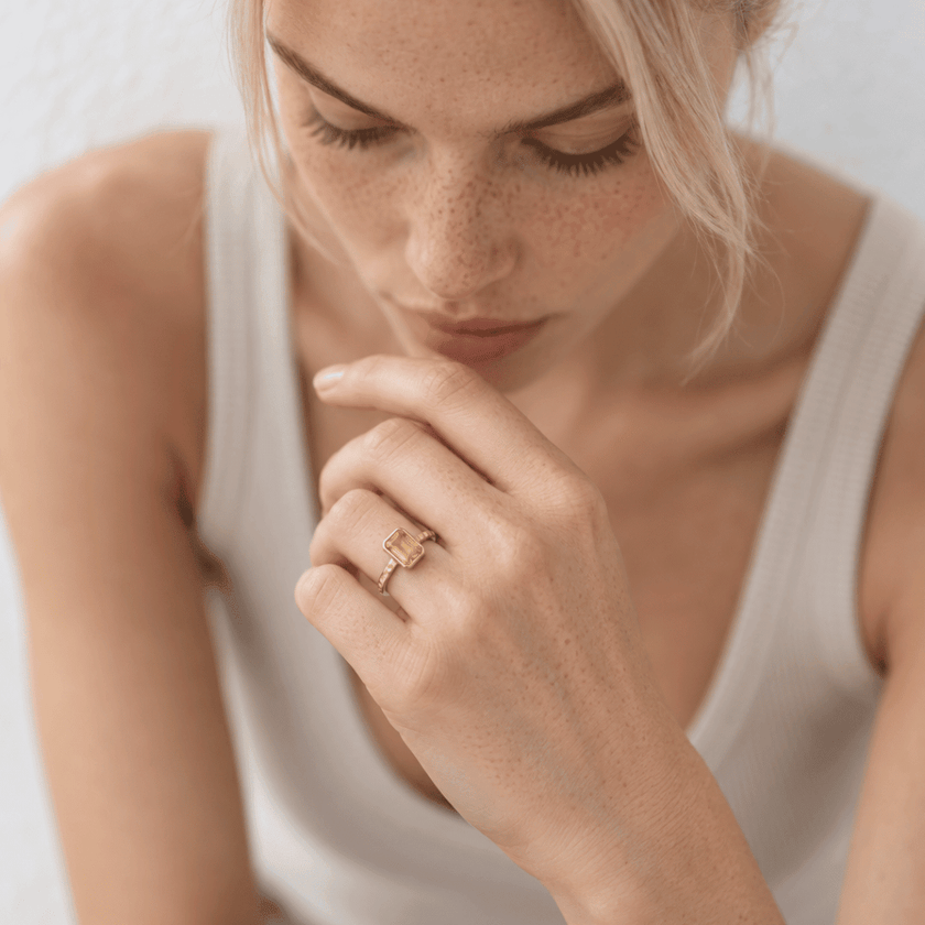 Tidewashed Citrine Ring - Octagonal Citrine & Hammered Band