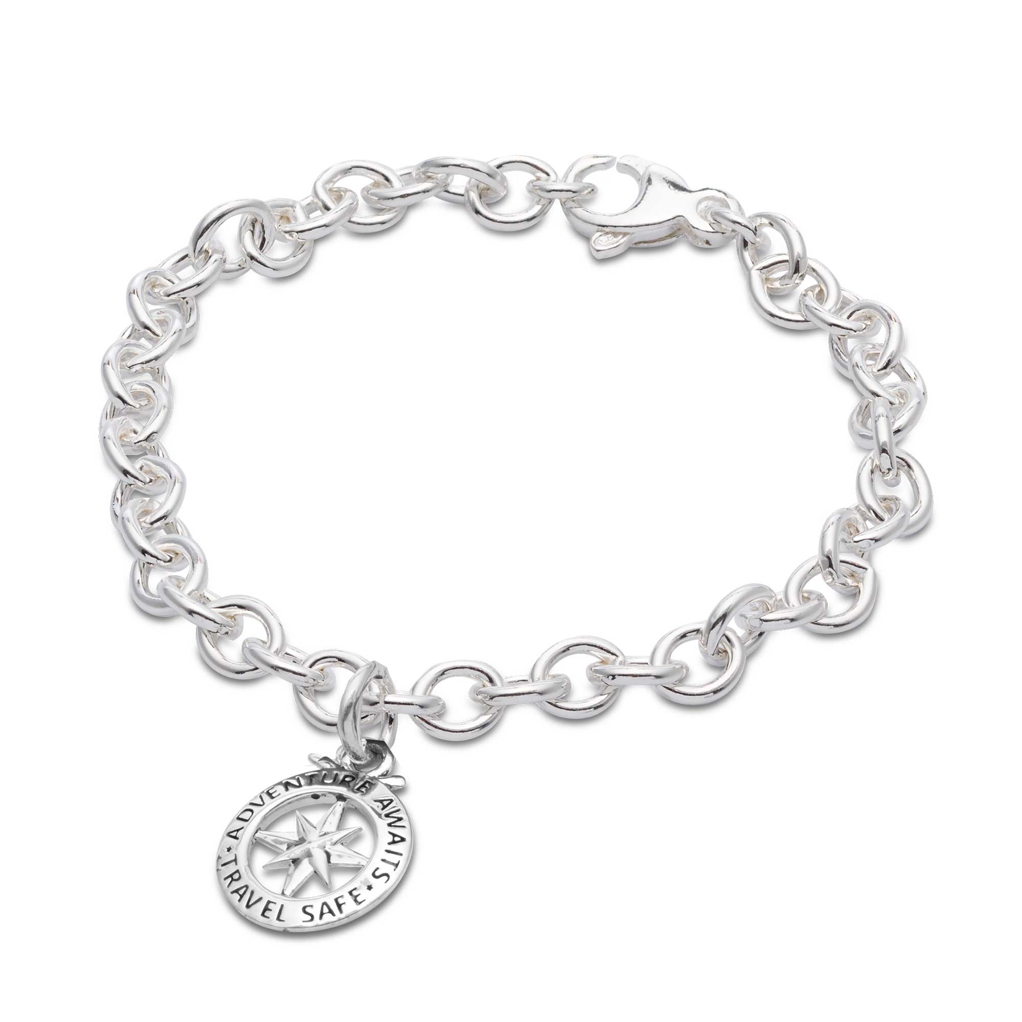 Travel Safe Outline Compass Silver Charm
