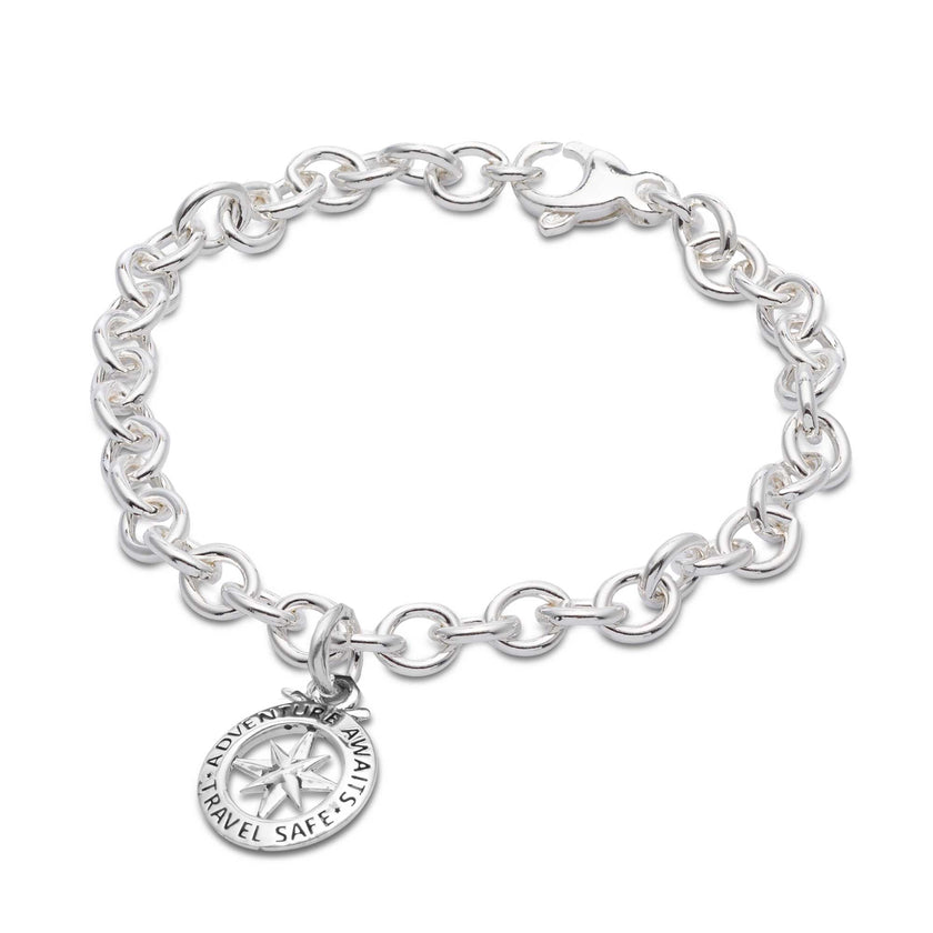 Travel Safe Outline Compass Silver Charm