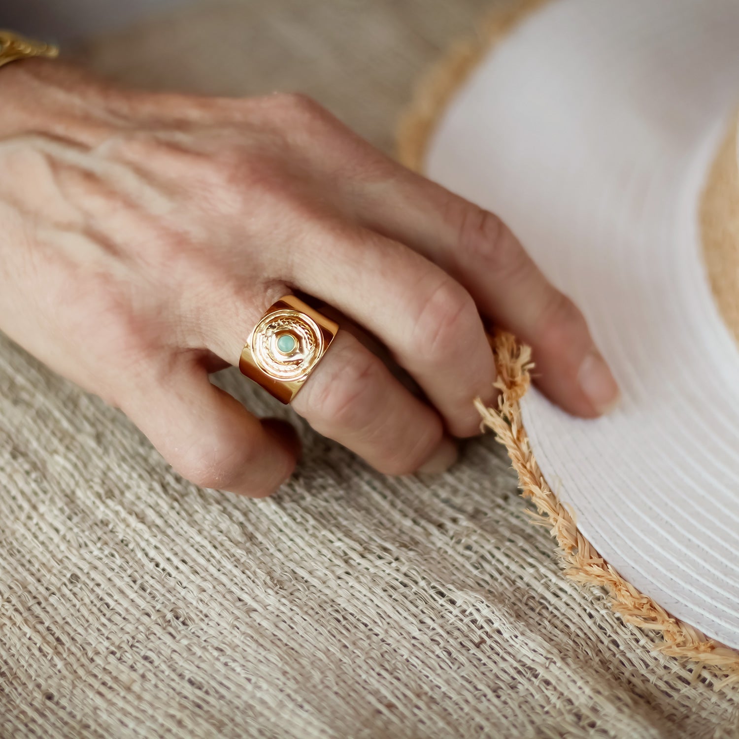 Kotinos Olive Wreath Coin Ring: Amazonite