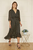 Yumi Black Foil Print Wrap Over Dip Hem Midi Dress