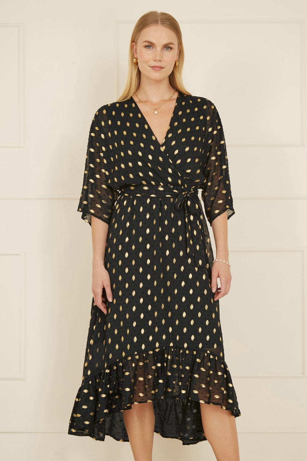 Yumi Black Foil Print Wrap Over Dip Hem Midi Dress