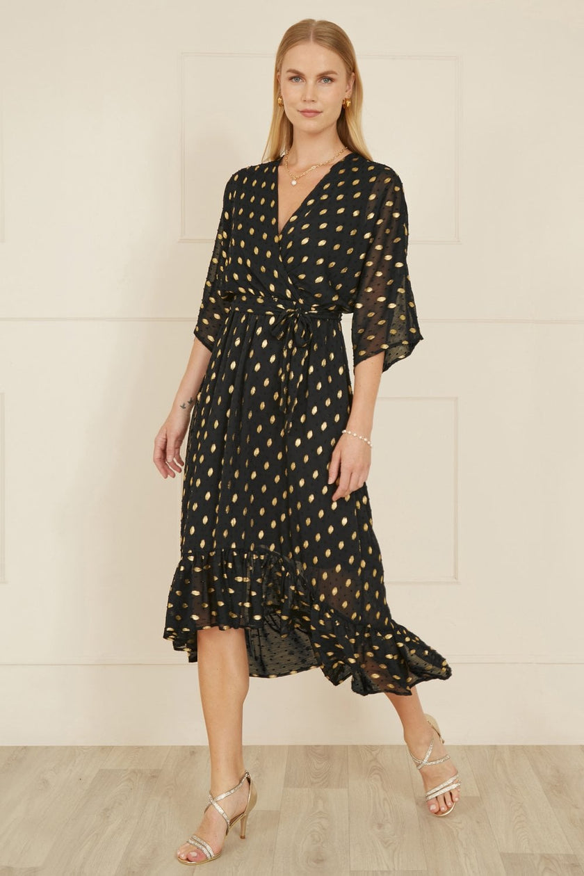 Yumi Black Foil Print Wrap Over Dip Hem Midi Dress