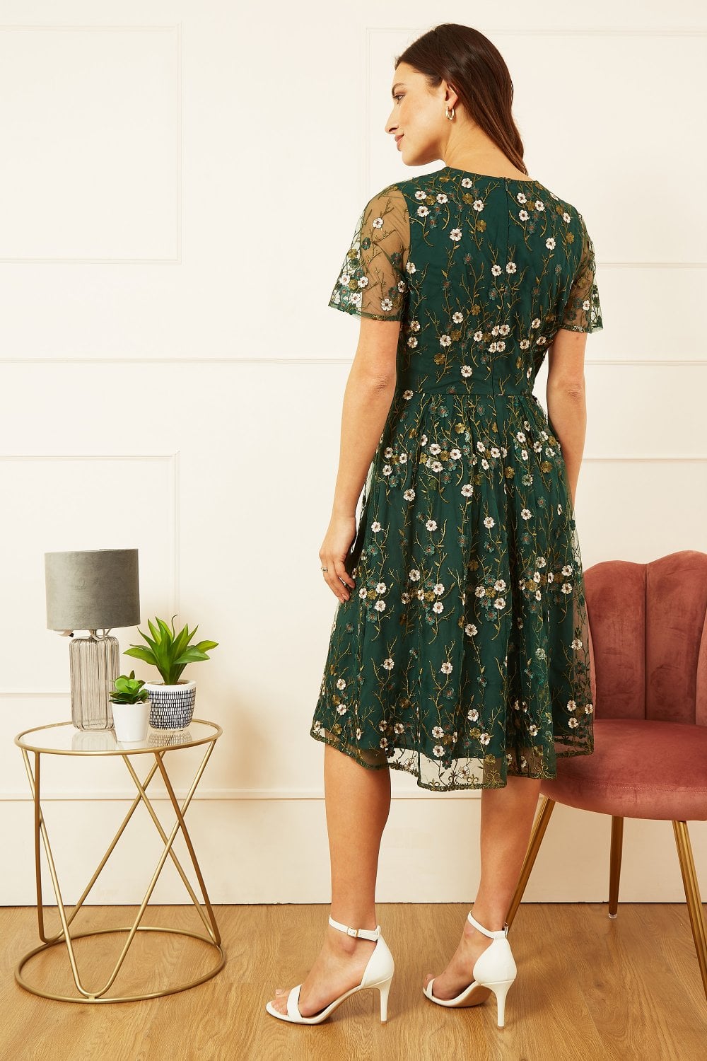 Yumi Green Embroidered Floral Skater Dress