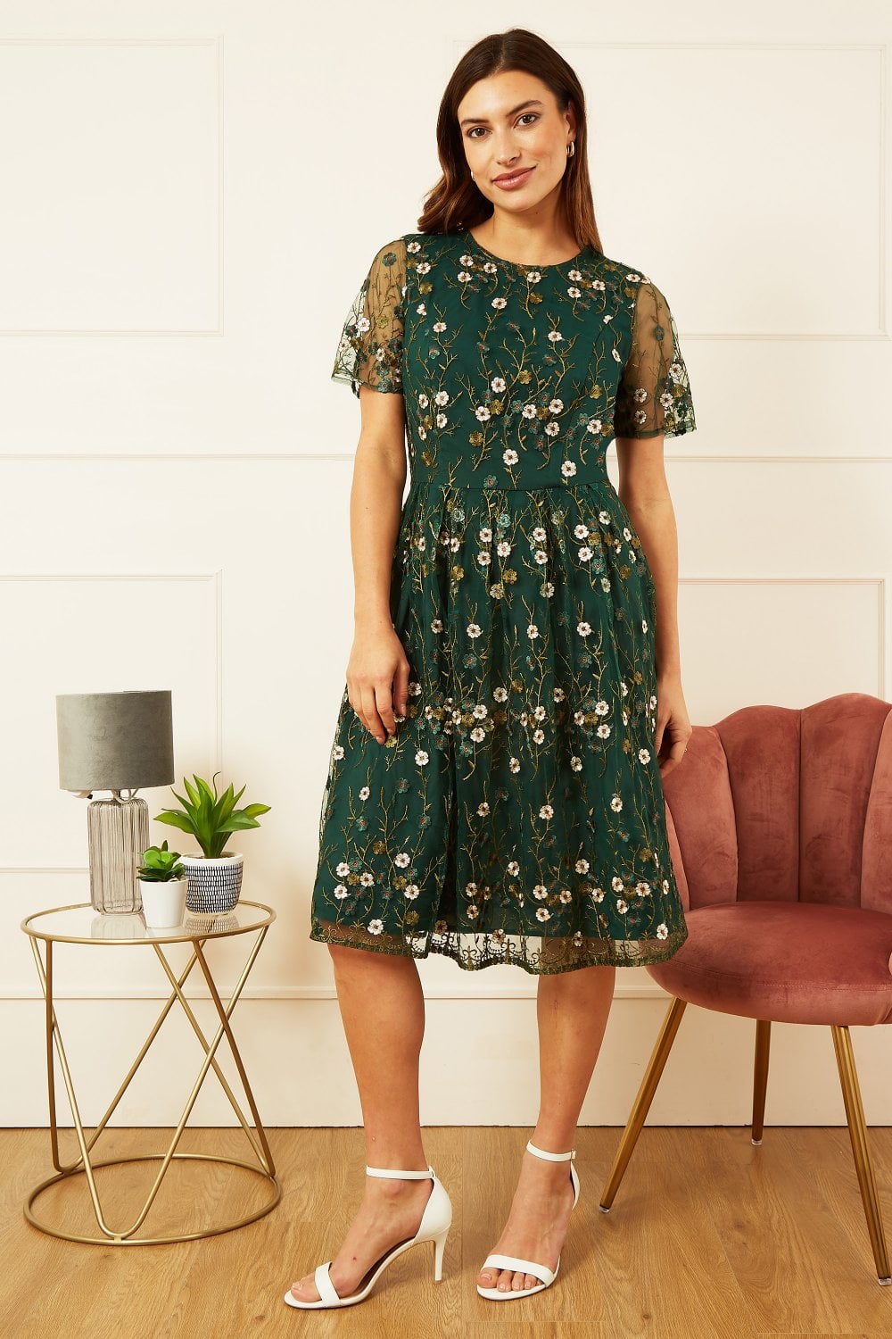 Yumi Green Embroidered Floral Skater Dress
