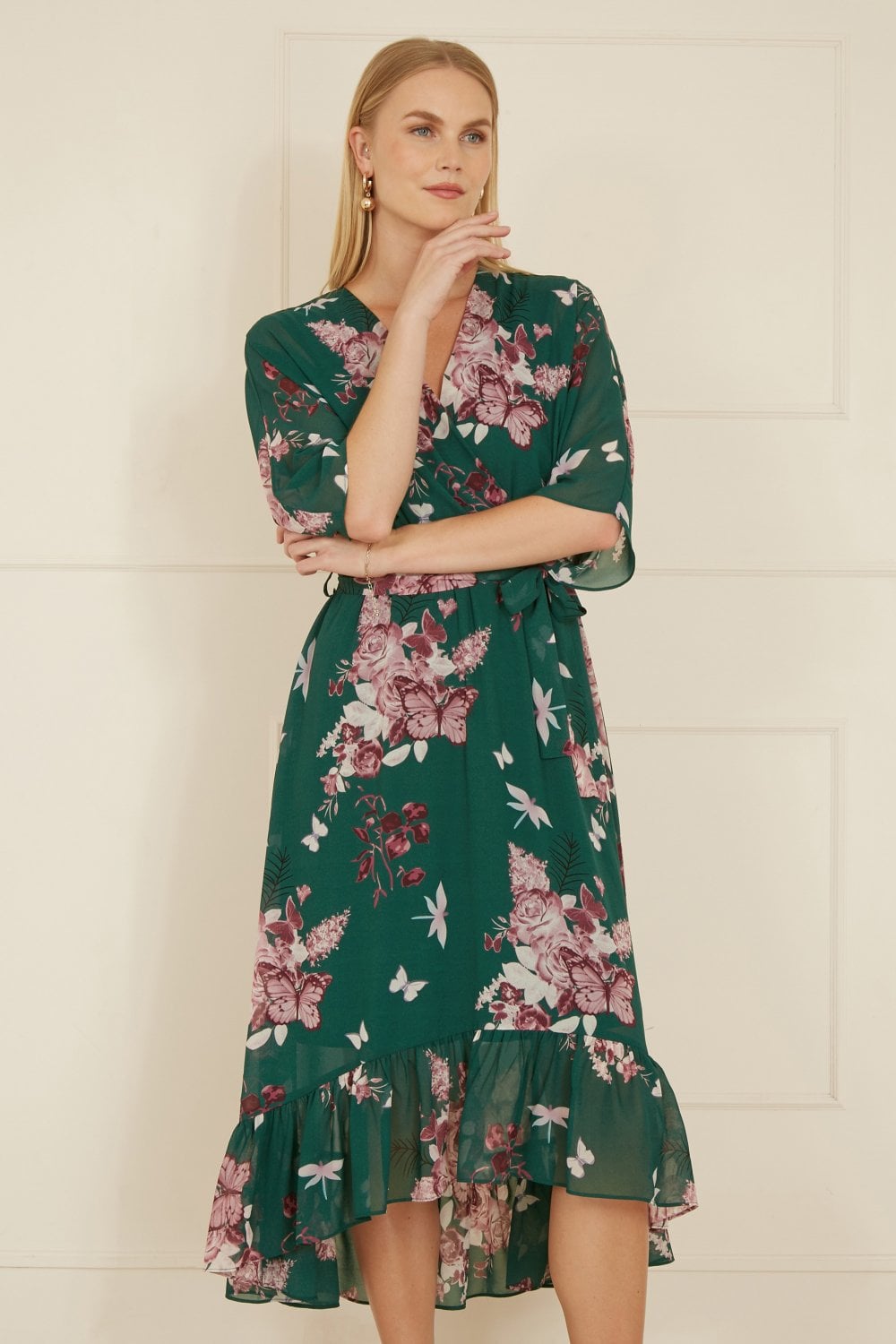 Yumi Green Floral Kimono Dipped Hem Dress