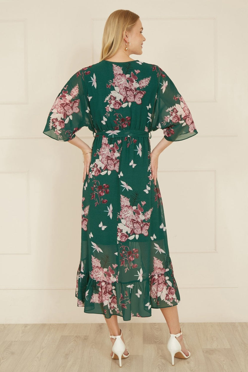 Yumi Green Floral Kimono Dipped Hem Dress