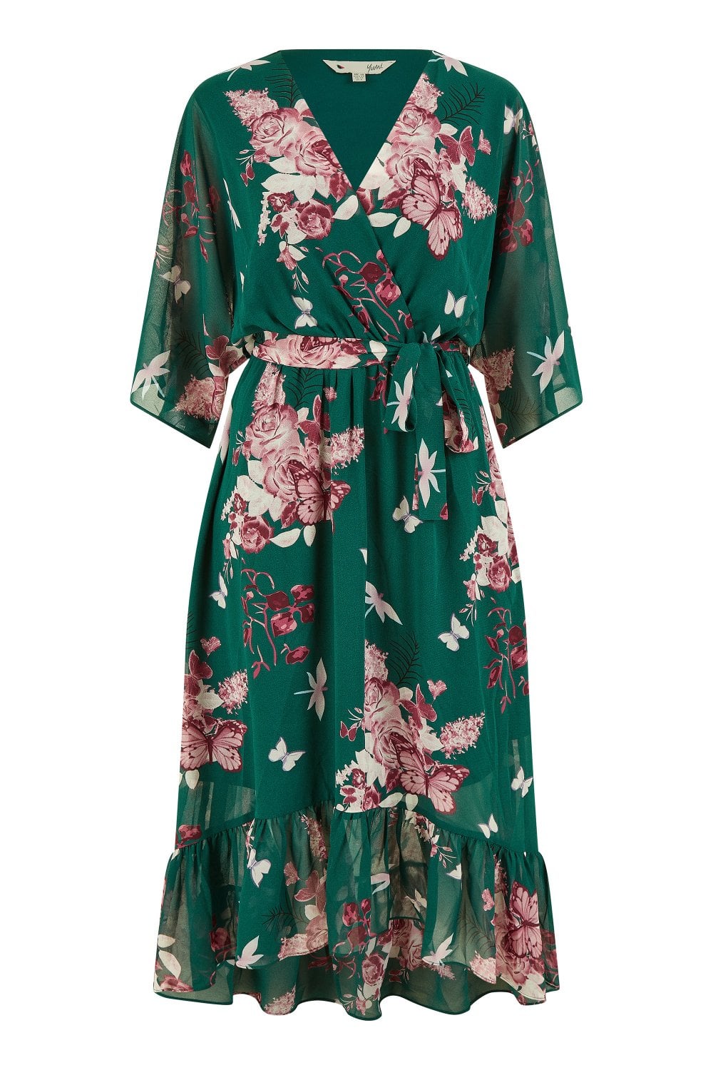 Yumi Green Floral Kimono Dipped Hem Dress