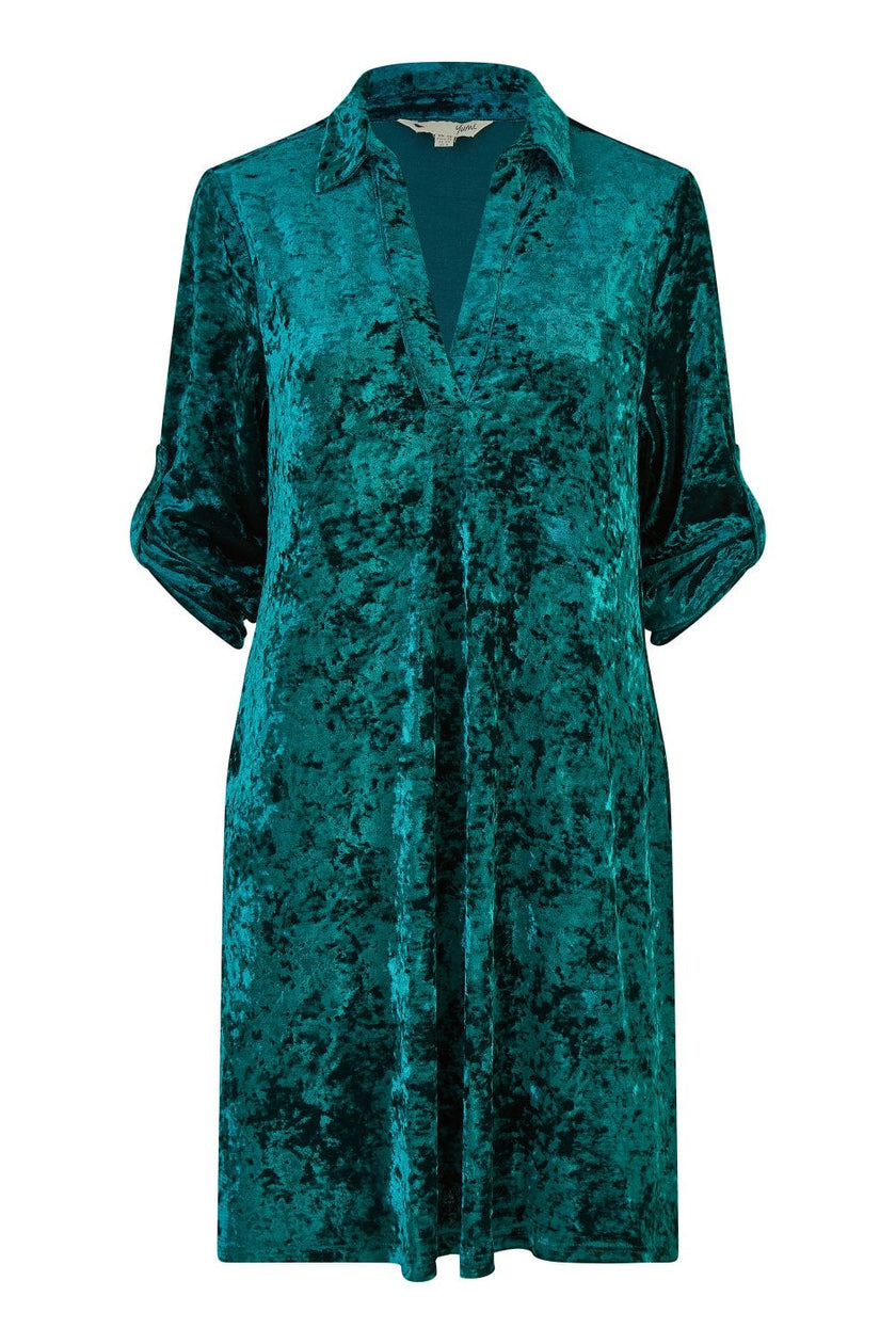 Yumi Green Velvet Tunic Dress With 3/4 Sleeves