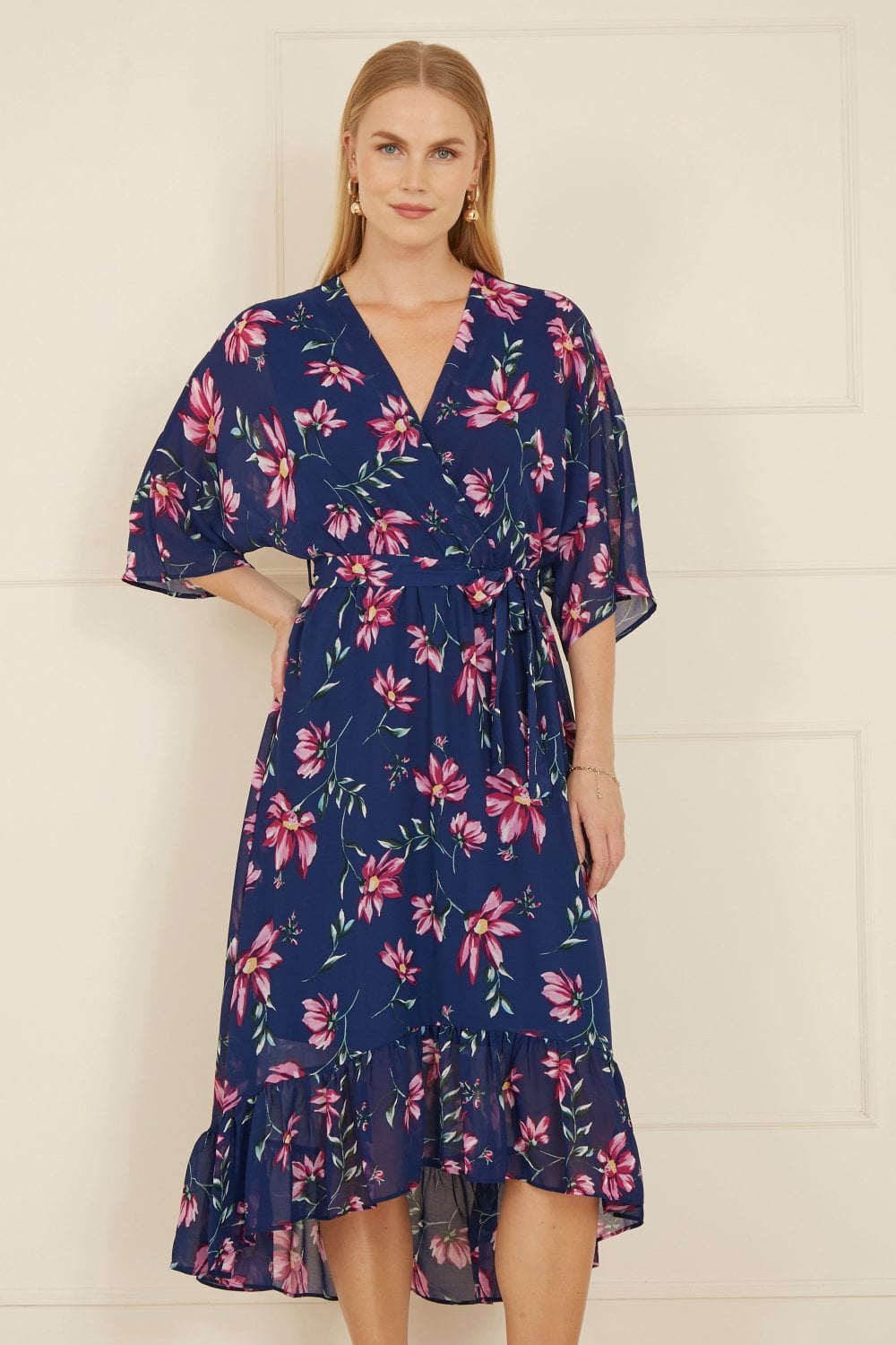 Yumi Navy Floral Kimono Dipped Hem Dress