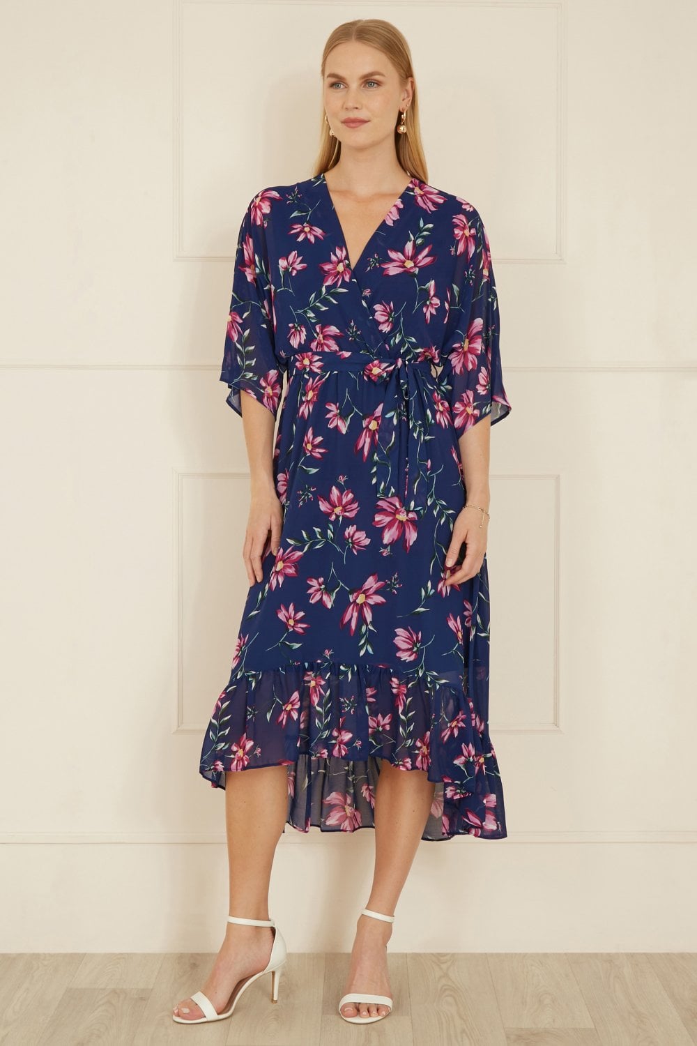 Yumi Navy Floral Kimono Dipped Hem Dress