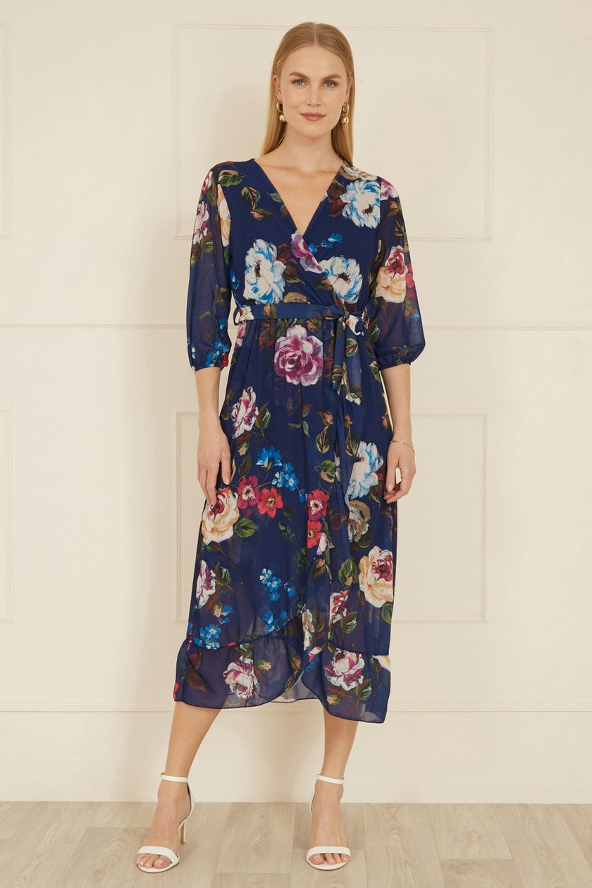 Yumi Navy Watercolour Dip Hem Midi Wrap Dress