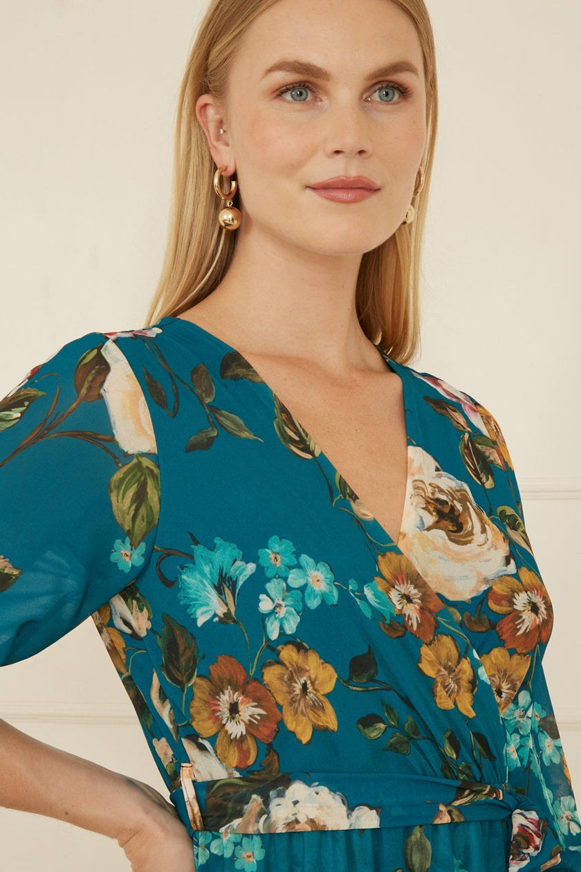 Yumi Teal Watercolour Dip Hem Midi Wrap Dress
