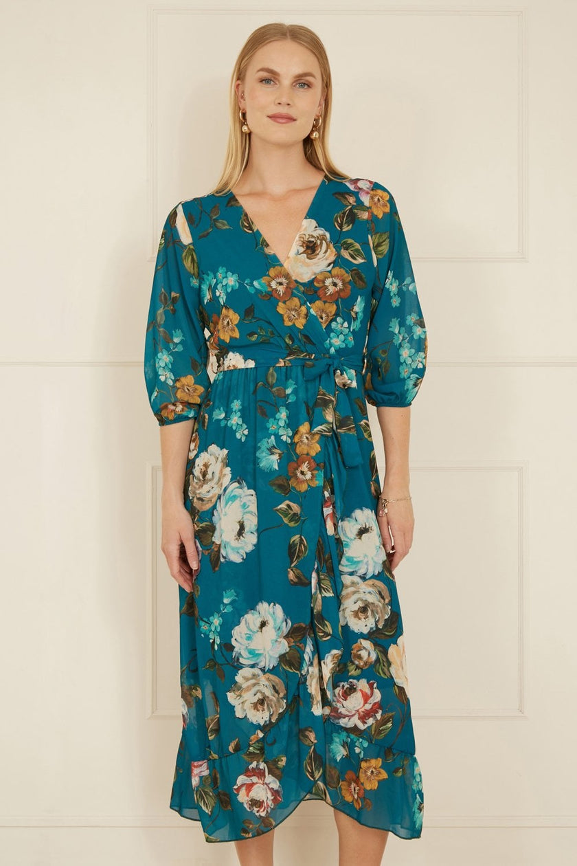 Yumi Teal Watercolour Dip Hem Midi Wrap Dress