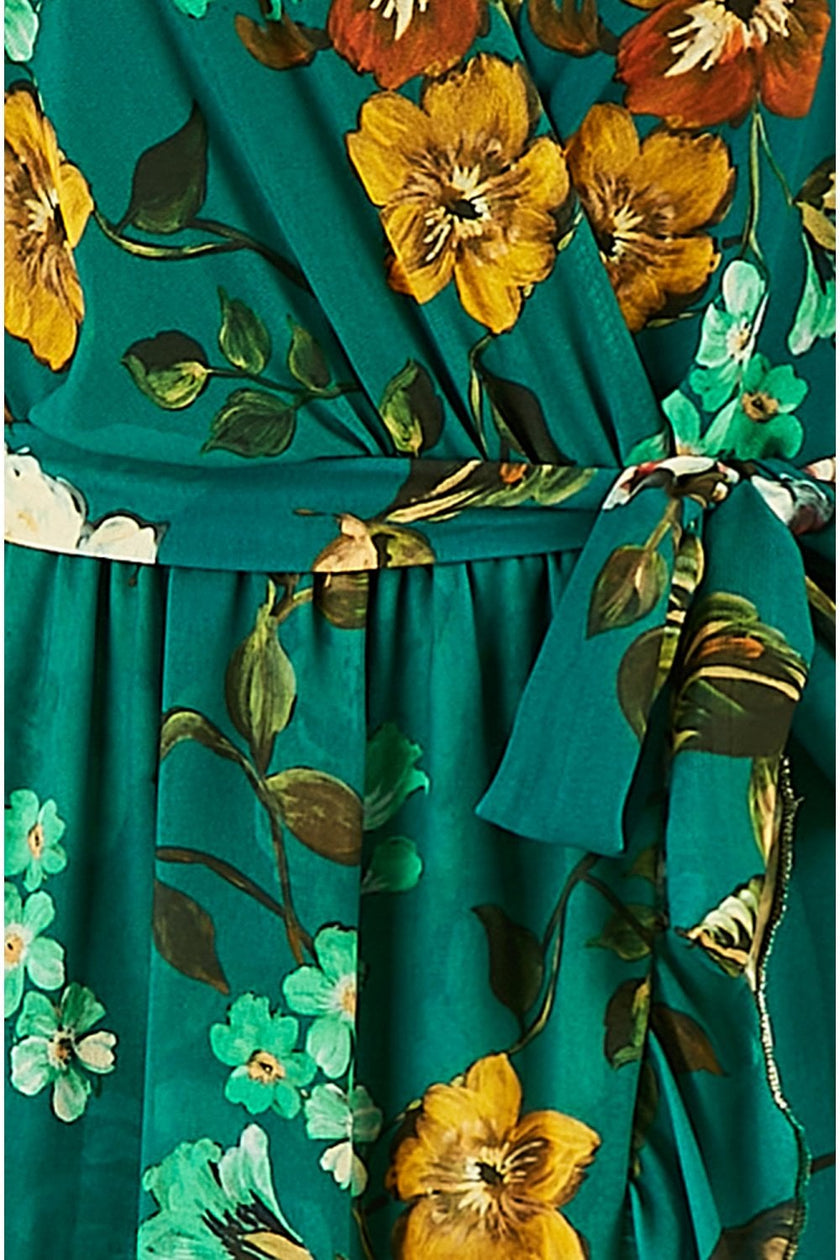 Yumi Teal Watercolour Dip Hem Midi Wrap Dress